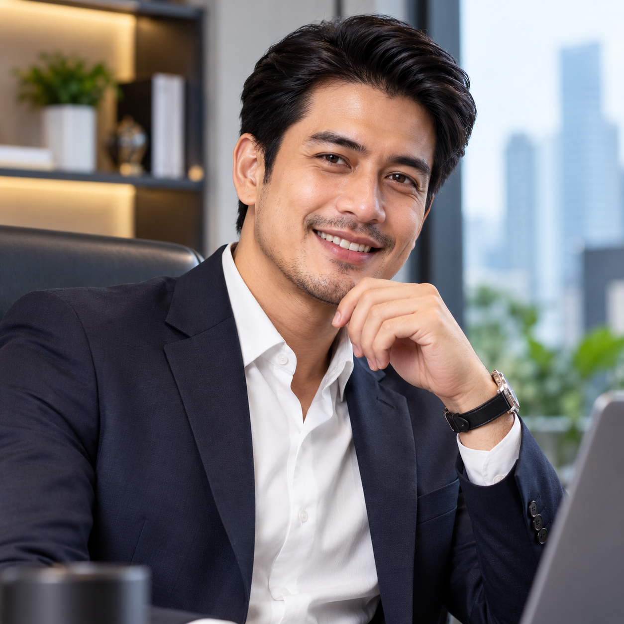Pria tersenyum di meja kerja kantor modern