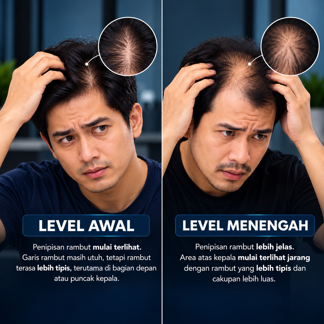 Perbandingan tahap penipisan rambut: level awal dan level menengah